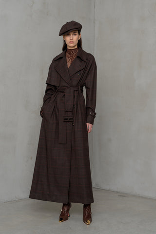 TRENCH LUNGO IN LANA PRINCIPE DI GALLES CON CINTURA