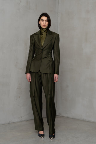 BLAZER DOPPIOPETTO IN LANA STRETCH CON LACCI A CORSETTO VERDE