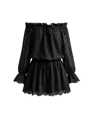 ABITO MINI OFF-SHOULDER IN PIZZO FLOREALE DARK BLACK