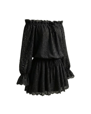 ABITO MINI OFF-SHOULDER IN PIZZO FLOREALE DARK BLACK