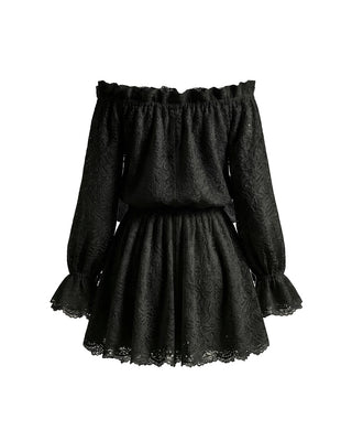 ABITO MINI OFF-SHOULDER IN PIZZO FLOREALE DARK BLACK