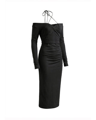 ABITO MIDI OFF-SHOULDER ADERENTE CON TOP INCROCIATO BLACK