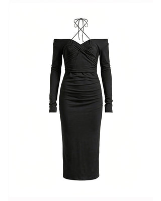 ABITO MIDI OFF-SHOULDER ADERENTE CON TOP INCROCIATO BLACK
