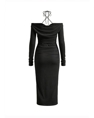 ABITO MIDI OFF-SHOULDER ADERENTE CON TOP INCROCIATO BLACK