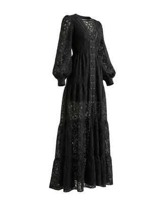 ABITO LUNGO IN PIZZO MACRAME' CON SCOLLO PROFONDO BLACK