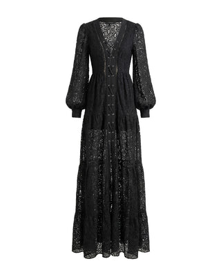 ABITO LUNGO IN PIZZO MACRAME' CON SCOLLO PROFONDO BLACK