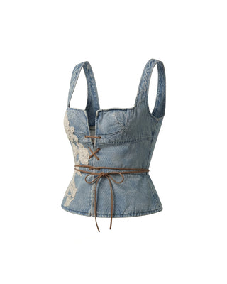 BUSTIER IN DENIM CON RICAMI FLOREALI