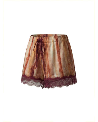 SHORTS TIE-DYE IN VISCOSA CON INSERTI IN PIZZO MERLOT