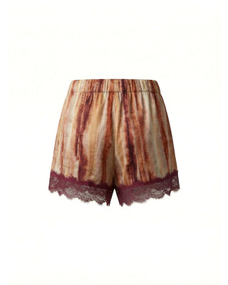 SHORTS TIE-DYE IN VISCOSA CON INSERTI IN PIZZO MERLOT