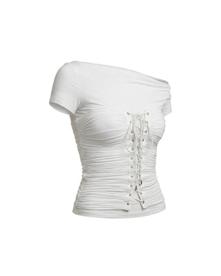 T-SHIRT IN JERSEY CON SCOLLO A BARCA E CORSETTO CON LACCI WHITE