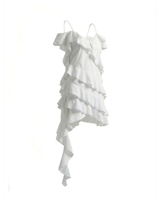 ABITO MINI OFF-SHOULDER IN COTONE CON BALZE ASIMMETRICHE  OPTICAL WHITE
