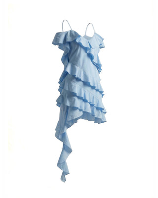 ABITO MINI OFF-SHOULDER IN COTONE CON BALZE ASIMMETRICHE