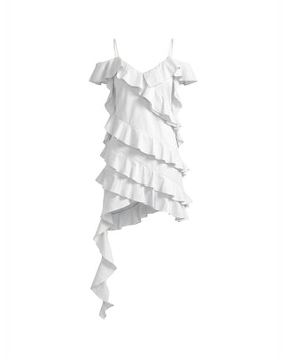 ABITO MINI OFF-SHOULDER IN COTONE CON BALZE ASIMMETRICHE  OPTICAL WHITE