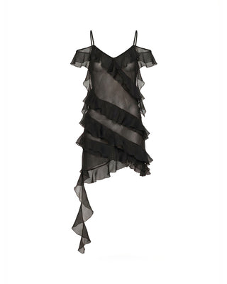 ABITO MINI OFF-SHOULDER IN CREPONNE CON BALZE ASIMMETRICHE