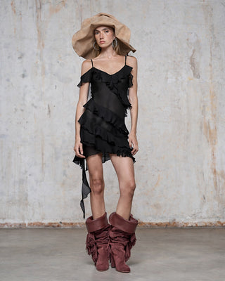 ABITO MINI OFF-SHOULDER IN CREPONNE CON BALZE ASIMMETRICHE