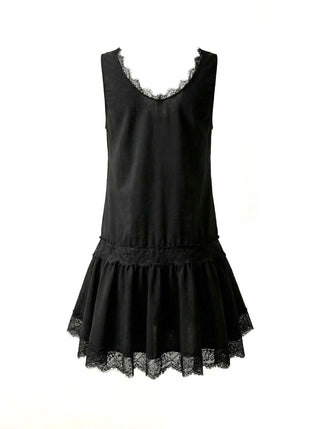 ABITO MINI IN COTONE CON BALZE E INSERTI IN PIZZO BLACK