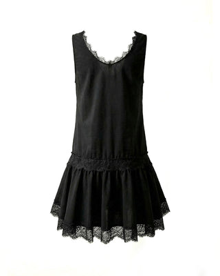 ABITO MINI IN COTONE CON BALZE E INSERTI IN PIZZO BLACK