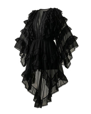 ABITO IN GEORGETTE CON BALZE, ROUCHES E INSERTI IN PIZZO BLACK