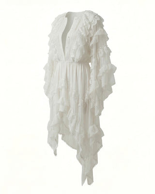 ABITO IN GEORGETTE CON BALZE, ROUCHES E INSERTI IN PIZZO