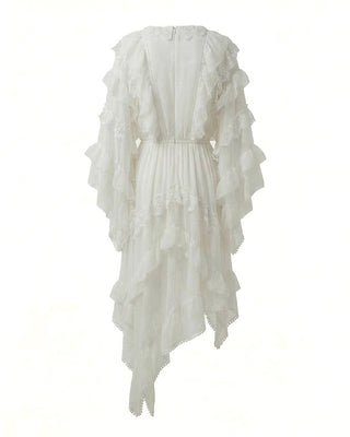 ABITO IN GEORGETTE CON BALZE, ROUCHES E INSERTI IN PIZZO
