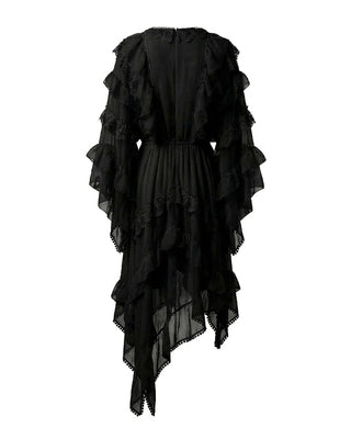 ABITO IN GEORGETTE CON BALZE, ROUCHES E INSERTI IN PIZZO BLACK