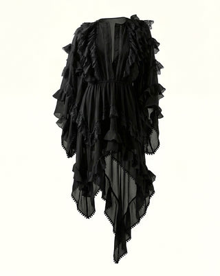 ABITO IN GEORGETTE CON BALZE, ROUCHES E INSERTI IN PIZZO BLACK