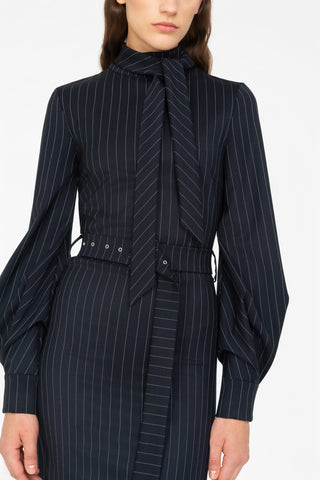 PINSTRIPED MIDI DRESS