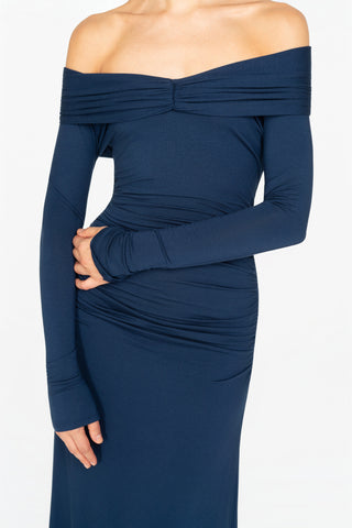 LONG OFF-SHOULDER VISCOSE DRESS