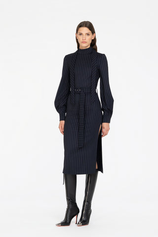 PINSTRIPED MIDI DRESS
