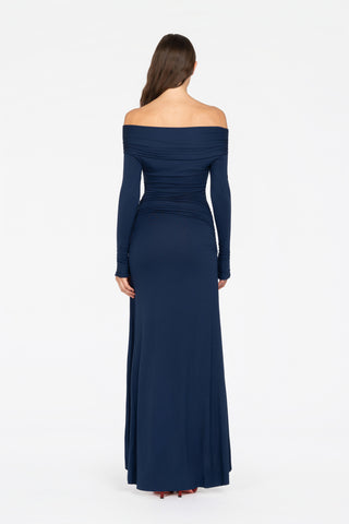 LONG OFF-SHOULDER VISCOSE DRESS