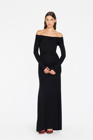 LONG OFF-SHOULDER VISCOSE DRESS