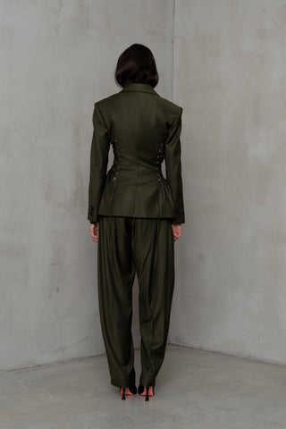 BLAZER DOPPIOPETTO IN LANA STRETCH CON LACCI A CORSETTO VERDE